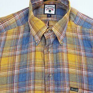 Faconnable Size Medium Mens Mustard Blue Plaid Linen Pocket Logo Tag Button Down